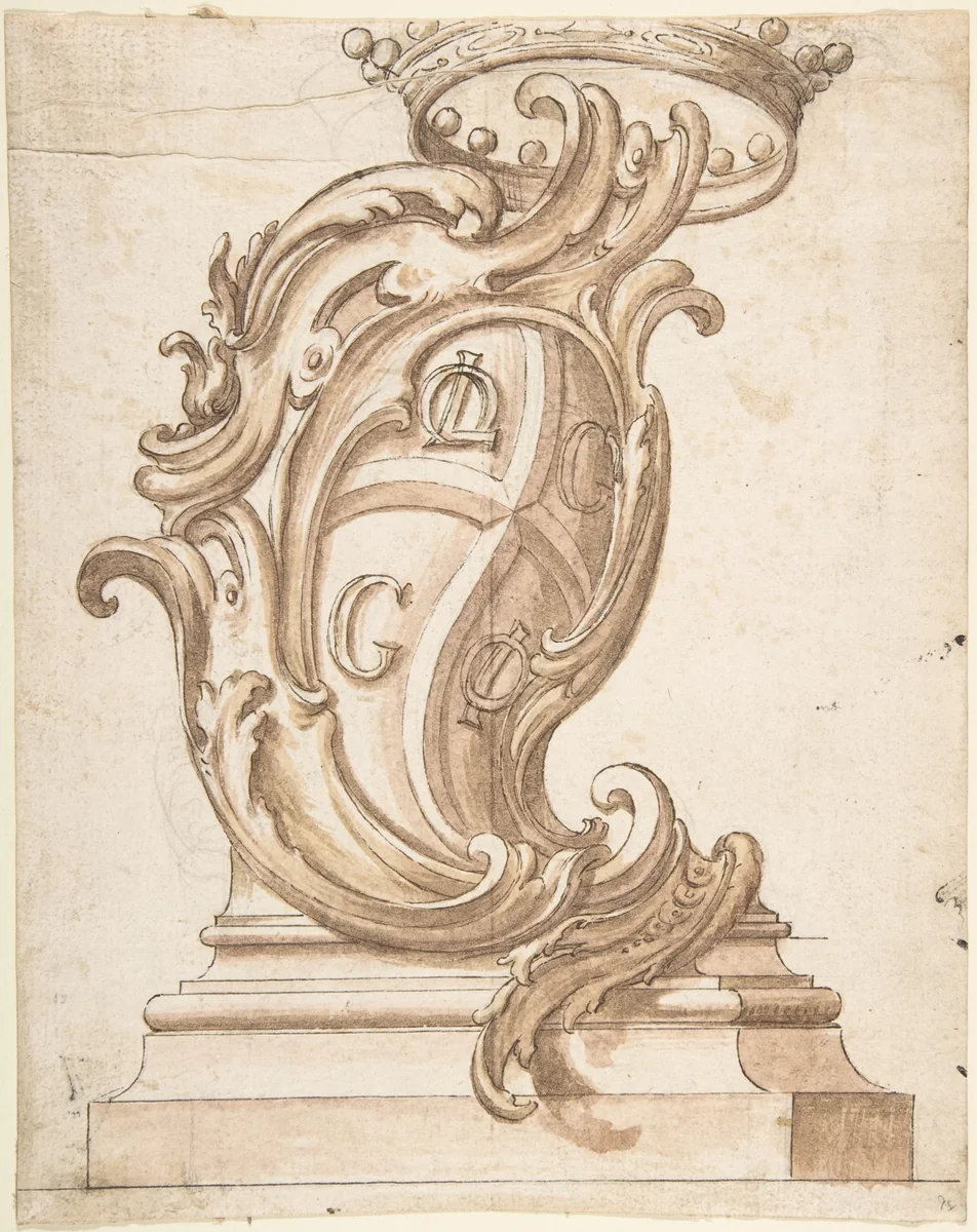 Design for a Cartouche on a Base, Surmounted by a Crown, with Arms with the Initials OL, G, G, and OI by anonymous, drawing, 1700-1780