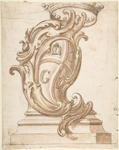 Design for a Cartouche on a Base, Surmounted by a Crown, with Arms with the Initials OL, G, G, and OI by anonymous, drawing, 1700-1780