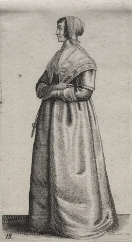 The Several Habits of English Women, from the Nobility to the Country Women as they are in these times: The Woman with Scissors by Wenceslaus Hollar, print, 1635-1645
