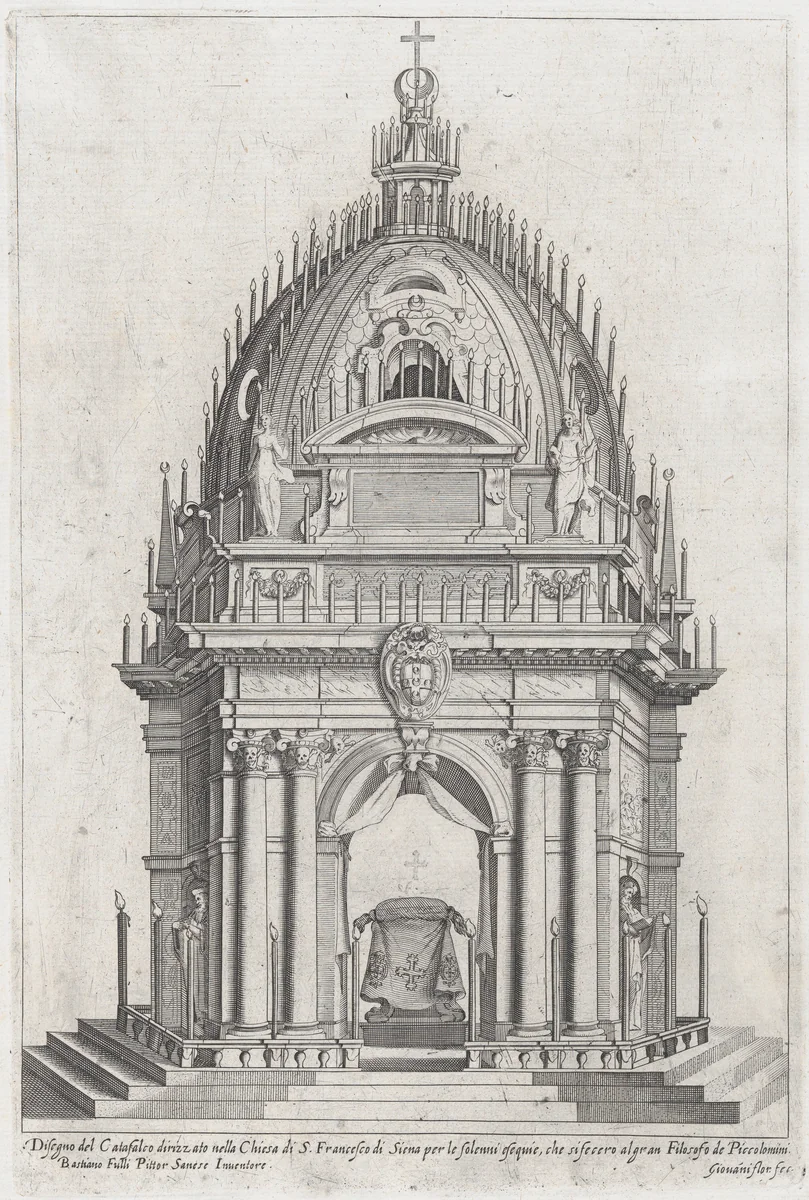 Design of the catafalque for Francesco Piccolomini; from 'Libro De Catafalchi, Tabernacoli, con varij designi di Porte fenestre et altri ornamenti di Architettura' by Giovanni Florimi, book, 1607