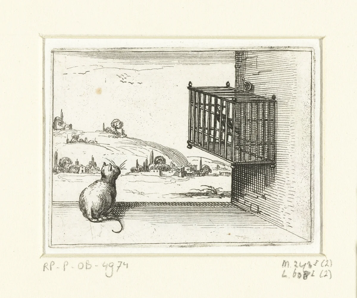Kat en gekooide vogel by Jacques Callot, print, 1621-1635