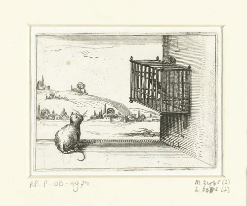 Kat en gekooide vogel by Jacques Callot, print, 1621-1635
