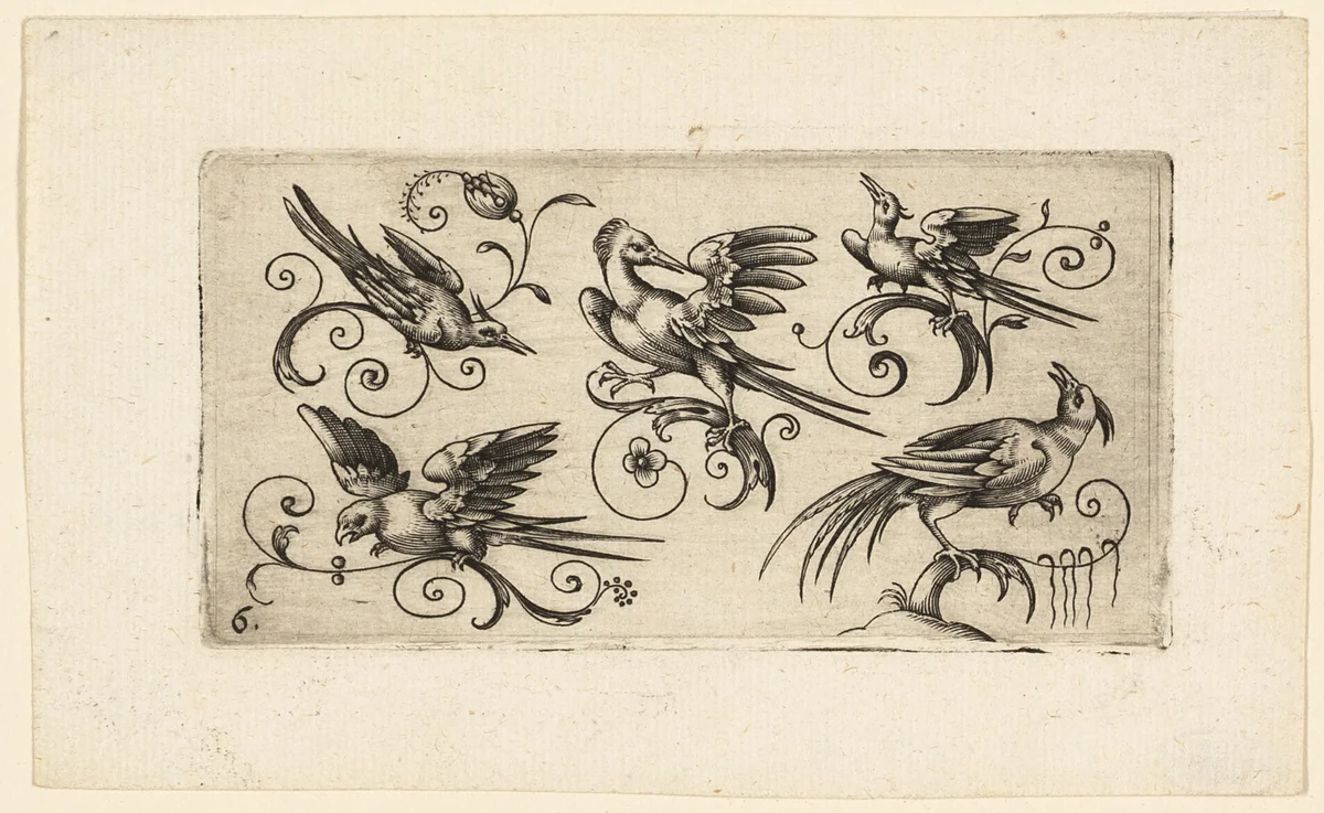 Ornament Panels with Birds: Plate 6 by Adrian Muntink, print, 1617