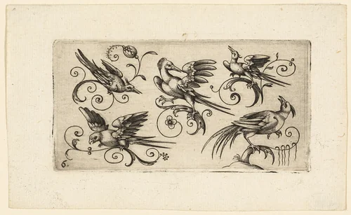 Ornament Panels with Birds: Plate 6 by Adrian Muntink, print, 1617