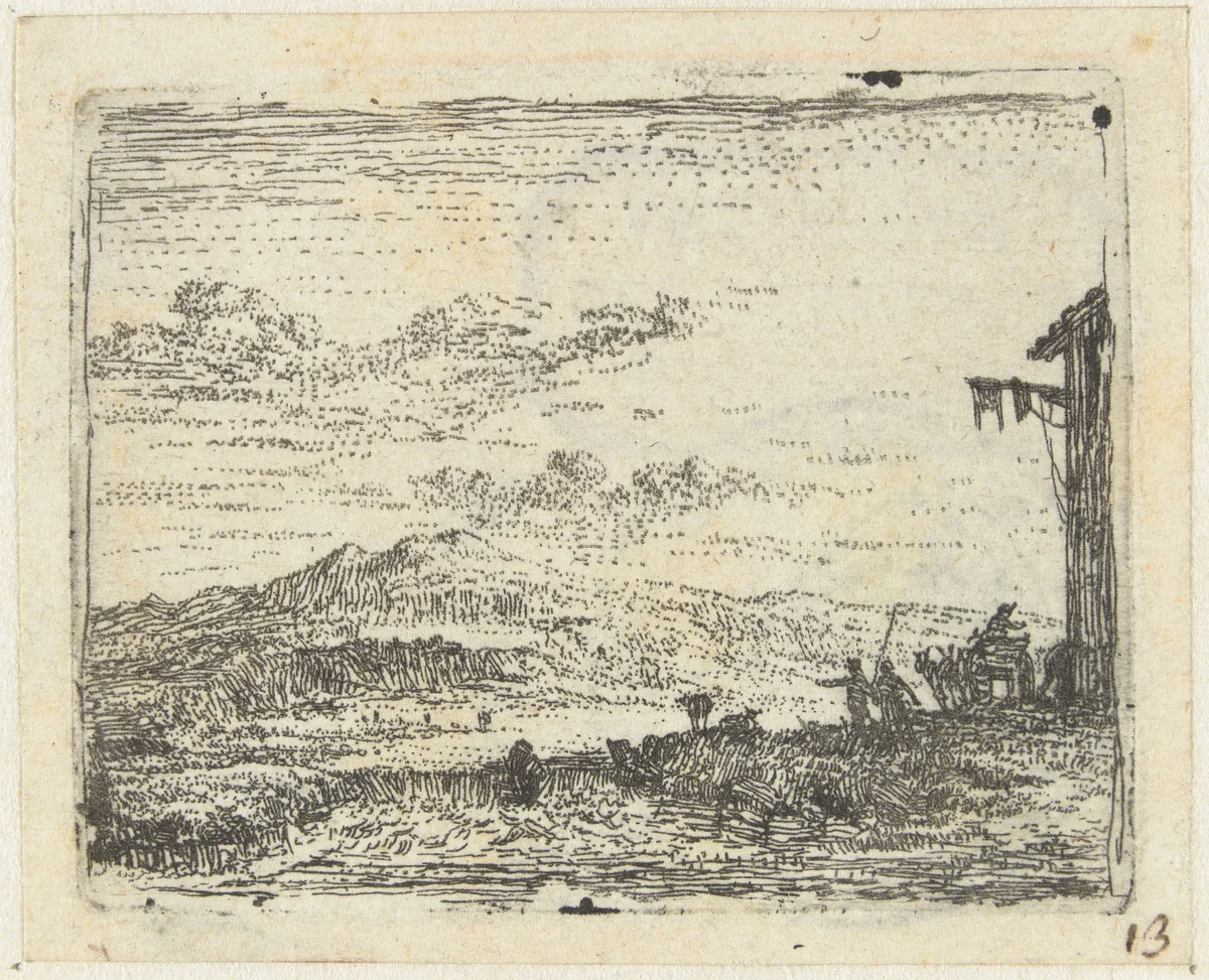 Italianiserend landschap met wagen bij herberg by Karel du Jardin, print, 1652-1659