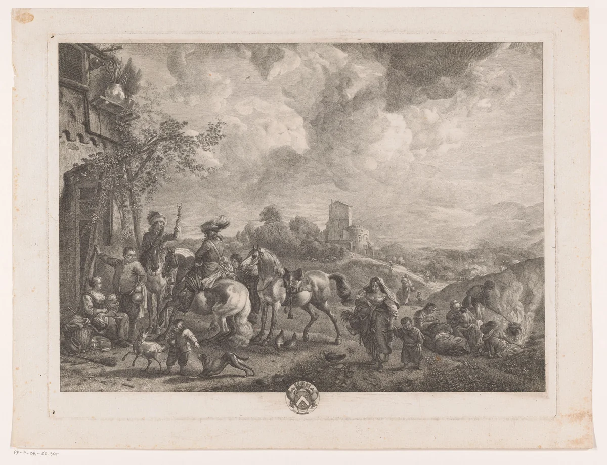 Reizigers voor een herberg by Jean Moyreau, print, 1733-1762