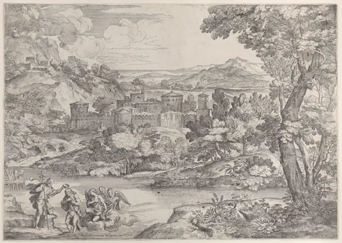 The Baptism of Christ at lower left, within a landscape by Giovanni Francesco Grimaldi, print, 1626-1680