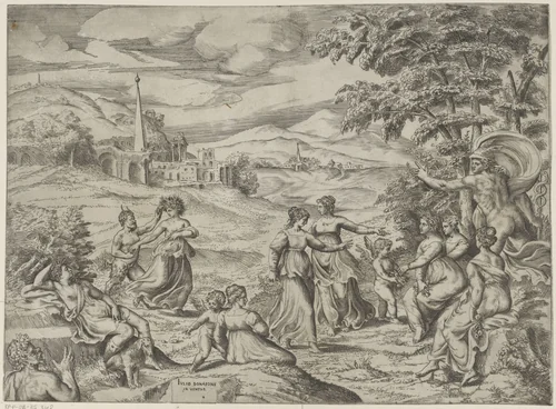 Mercurius vertelt het verhaal van Pan en Syrinx by Giulio Bonasone, print, 1501-1580