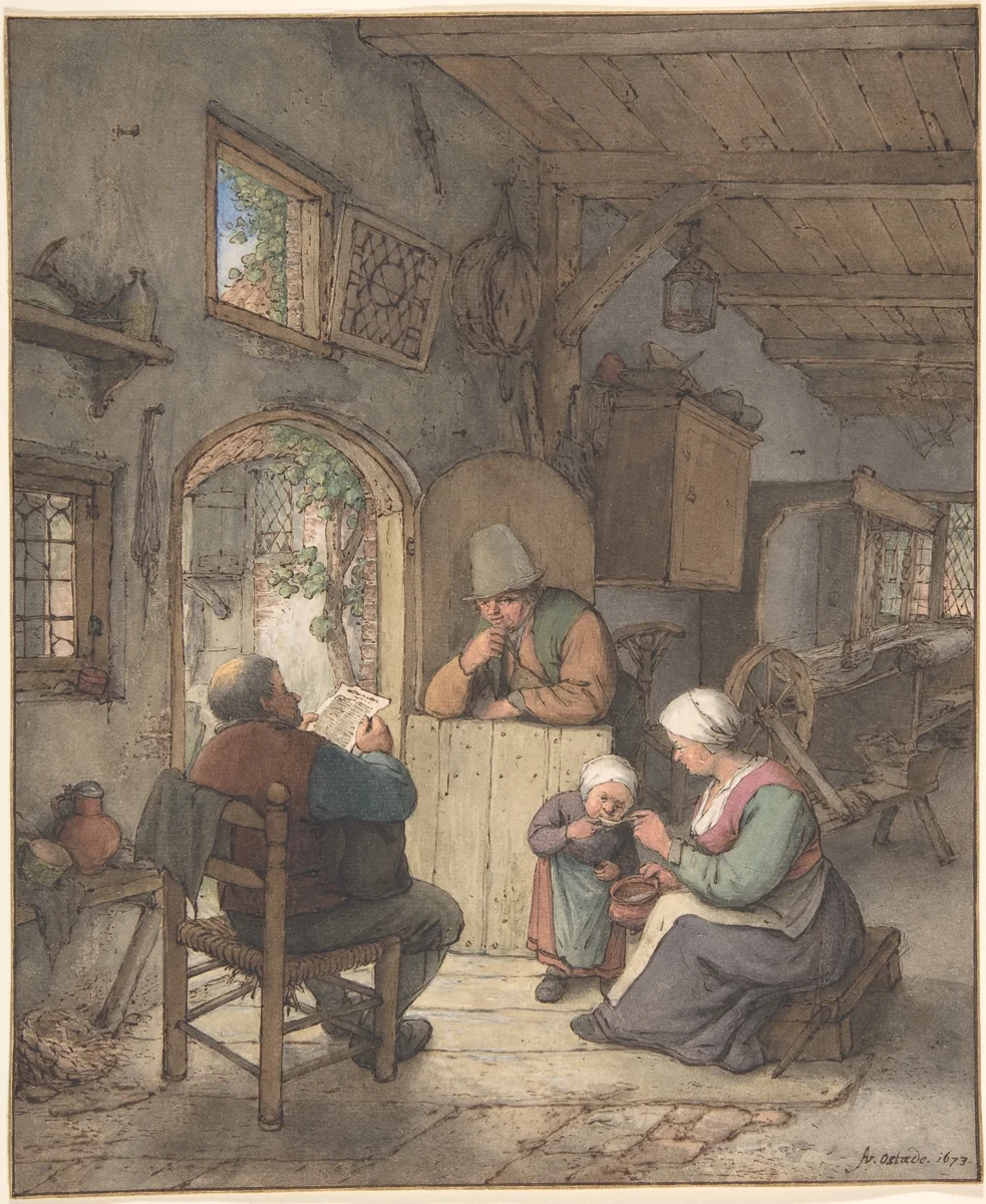 Reading the News at the Weavers' Cottage by Adriaen van Ostade, drawing, 1673