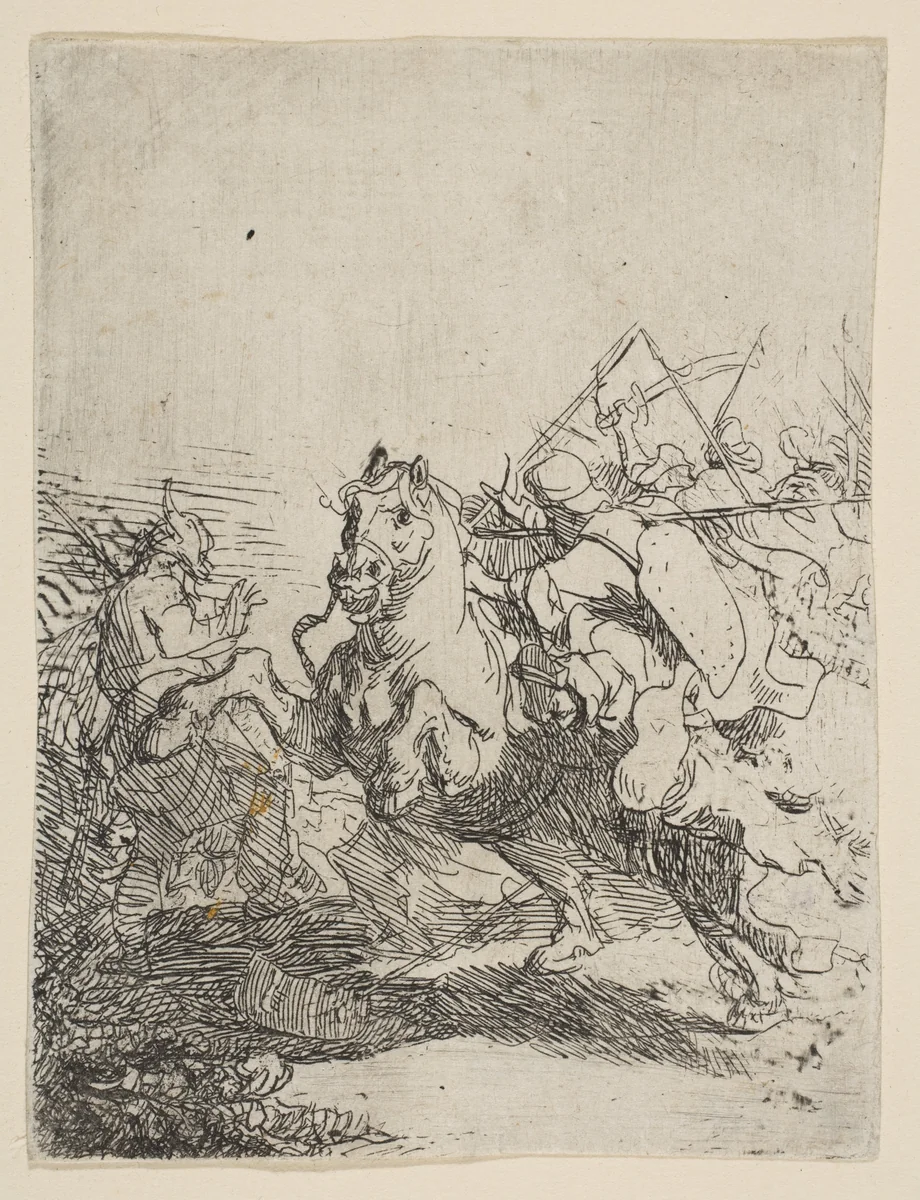 A Cavalry Fight by Rembrandt van Rijn, print, 1629