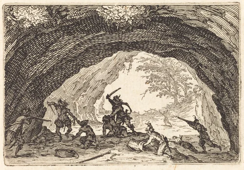 Soldiers Attacking Robbers by Jacques Callot, print, 1622