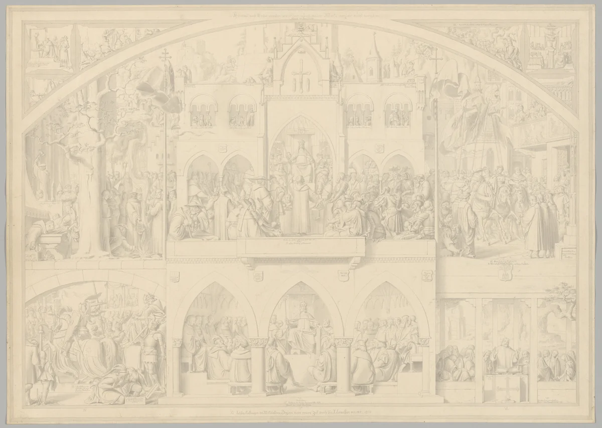 Preparatory Drawing for a Print Series on the History of Germany (Die Geschichte des deutschen Volkes in fünfzehn Bildern) by Carl Heinrich Hermann, drawing, 1851-1853