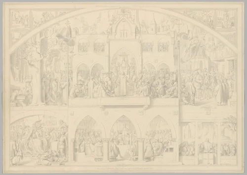 Preparatory Drawing for a Print Series on the History of Germany (Die Geschichte des deutschen Volkes in fünfzehn Bildern) by Carl Heinrich Hermann, drawing, 1851-1853