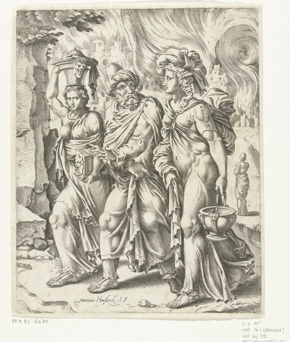 Lot verlaat met zijn dochters het brandende Sodom by Cornelis Bos, print, 1551