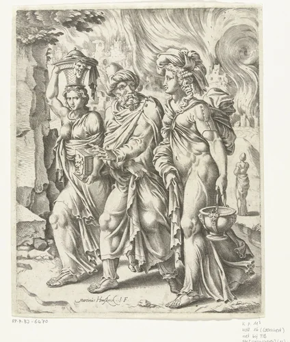 Lot verlaat met zijn dochters het brandende Sodom by Cornelis Bos, print, 1551