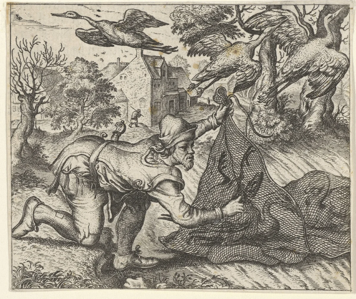Fabel van de boer en de ooievaar by Aegidius Sadeler, print, 1608