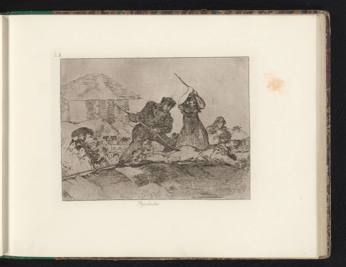 Twee figuren met stokken slaan op het lichaam van een tegen de grond gebonden persoon by Francisco de Goya, book, 1810-1820