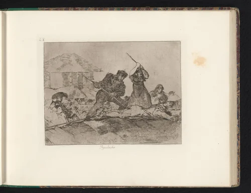 Twee figuren met stokken slaan op het lichaam van een tegen de grond gebonden persoon by Francisco de Goya, book, 1810-1820