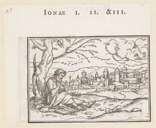 Jona zit onder de wonderboom in de buurt van Nineve by Hans Holbein, print, 1538-1543