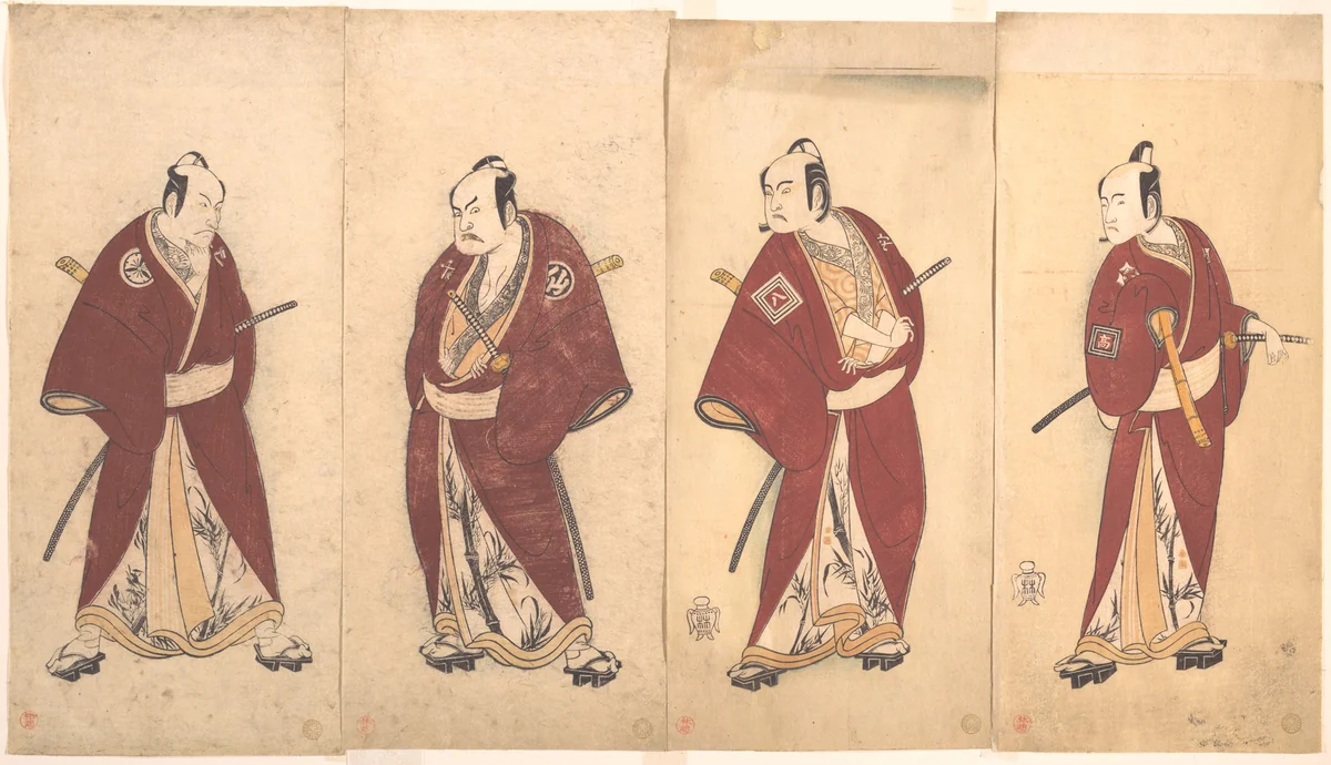 Four of the Five Actors Who Performed the Shosa "Gonen Otoko" by Katsukawa Shunshô (勝川春章), print, 1768