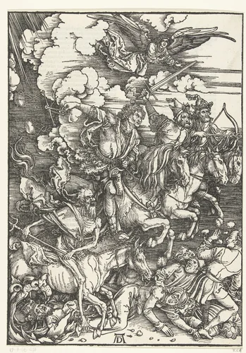 De vier ruiters van de apocalyps by Unknown, print, 1497-1498