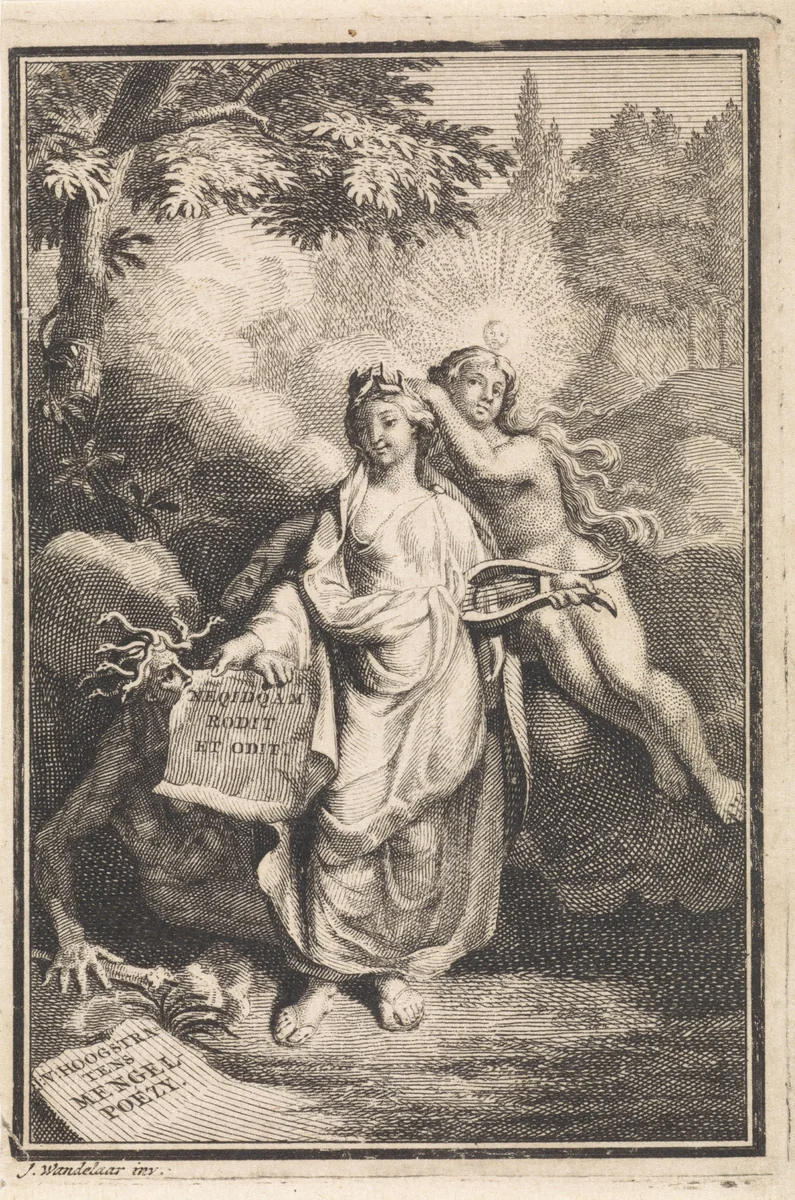 Landschap met Poëzie en Inspiratie by Jan Wandelaar, print, 1714-1720