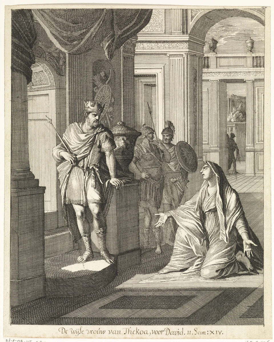 Wijze vrouw uit Tekoa in gesprek met David by Caspar Luyken, print, 1708