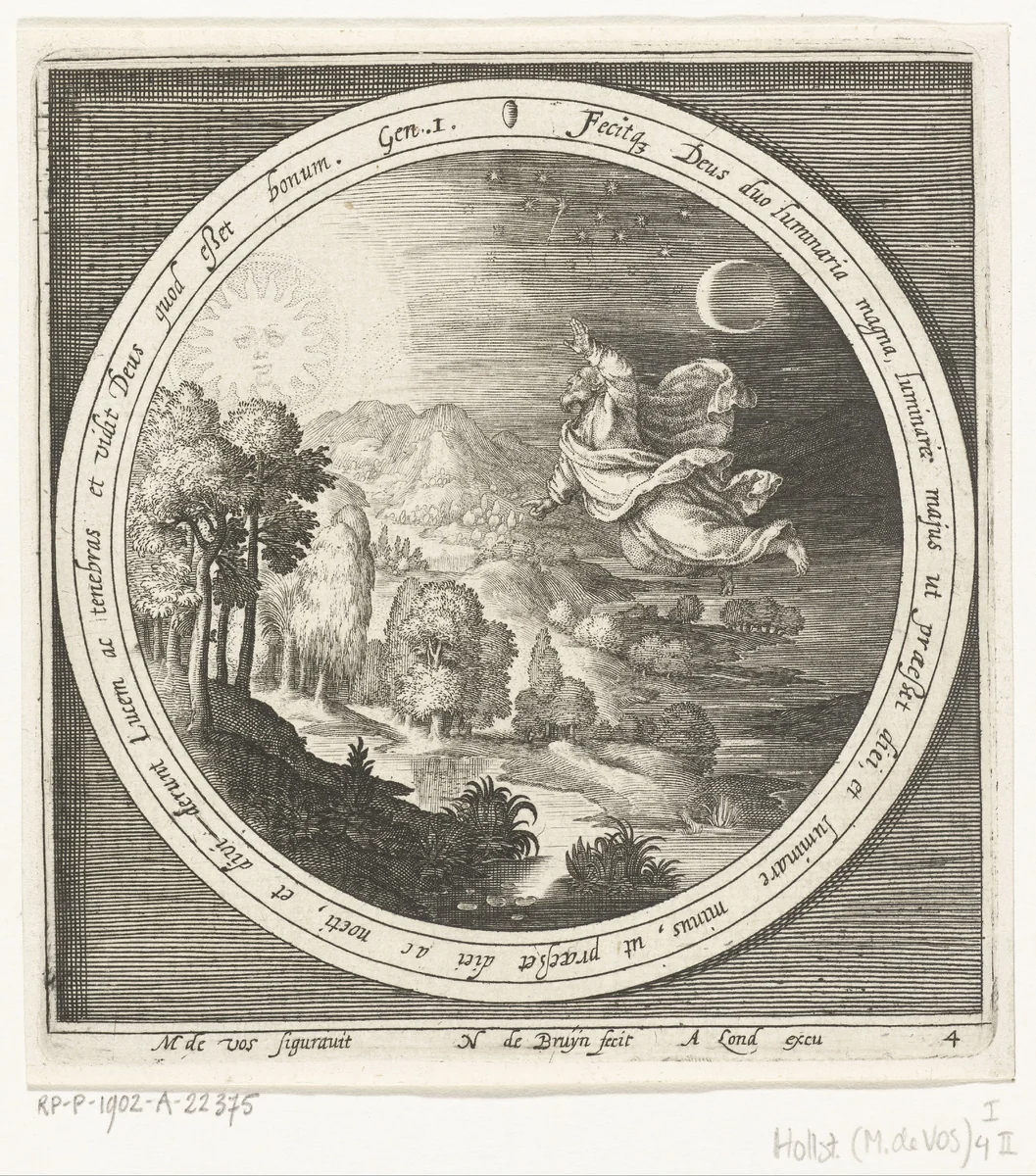 Vierde dag van schepping: God schept de zon, maan en sterren by Unknown, print, 1581-1656