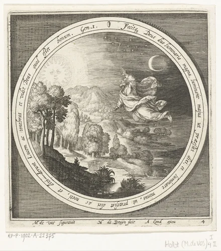 Vierde dag van schepping: God schept de zon, maan en sterren by Unknown, print, 1581-1656