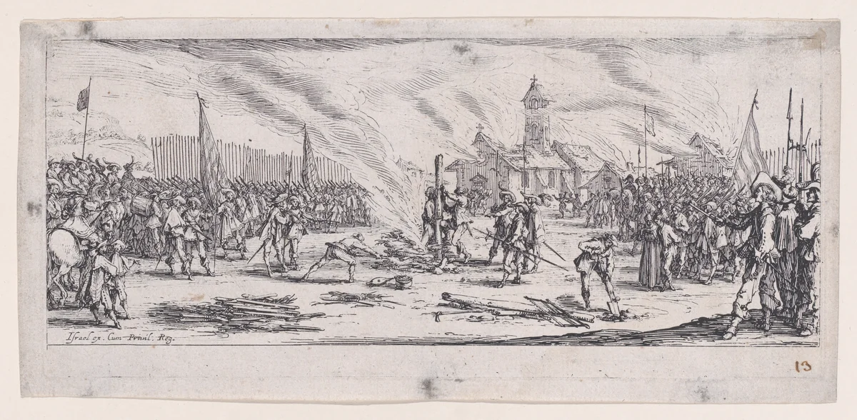 Le Bûcher (The Pyre), from Les Misères et les Mal-Heures de la Guerre (The Miseries and Misfortunes of War), plate 13 by Jacques Callot, print, 1633