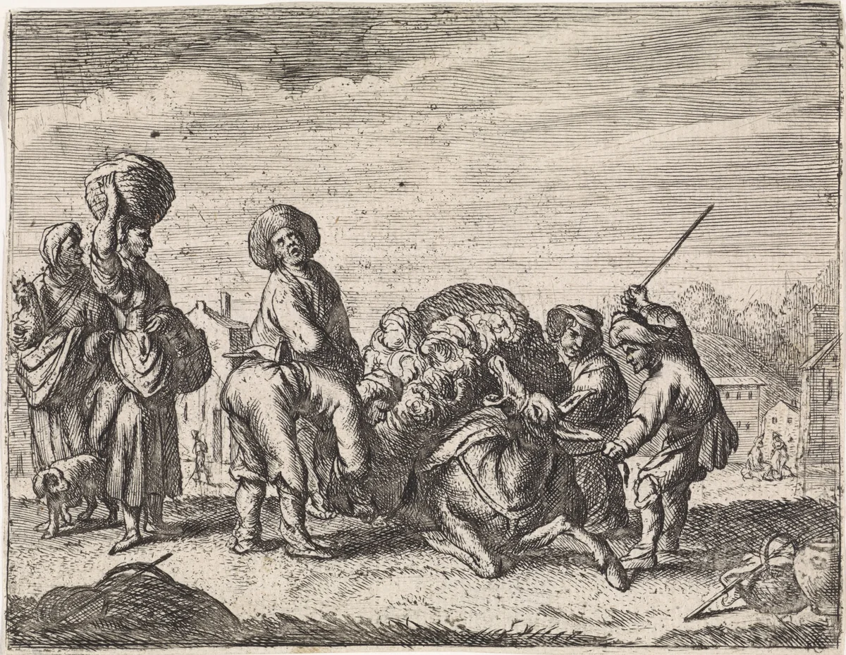 De balkende ezel by Cornelis de Wael, print, 1630-1648