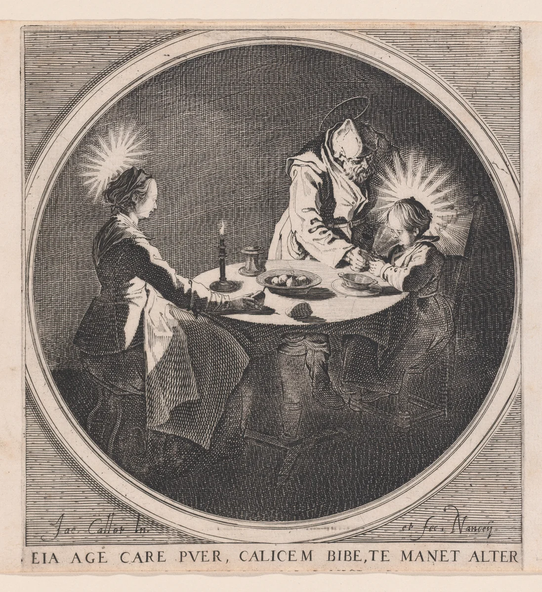 Le Benedicite, estampe appelée aussi La Sainte Famille a Table et St. Joseph Faisant Boire L'Enfant Jésus (The Grace, also called The Holy Family at the Table and St. Joseph Giving the Christ Child a Drink) by Jacques Callot, print, 1610-1635