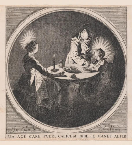 Le Benedicite, estampe appelée aussi La Sainte Famille a Table et St. Joseph Faisant Boire L'Enfant Jésus (The Grace, also called The Holy Family at the Table and St. Joseph Giving the Christ Child a Drink) by Jacques Callot, print, 1610-1635