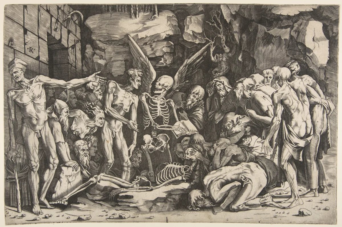 The Skeletons, a group of emaciated men and women gathered around a skeleton laid on the ground and a figure of Death as a winged skeleton standing above it holding an open book by Marco Dente, print, 1515-1527