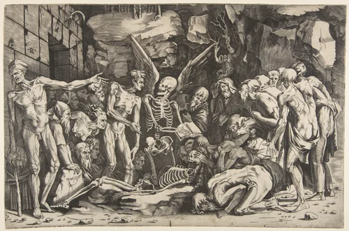 The Skeletons, a group of emaciated men and women gathered around a skeleton laid on the ground and a figure of Death as a winged skeleton standing above it holding an open book by Marco Dente, print, 1515-1527