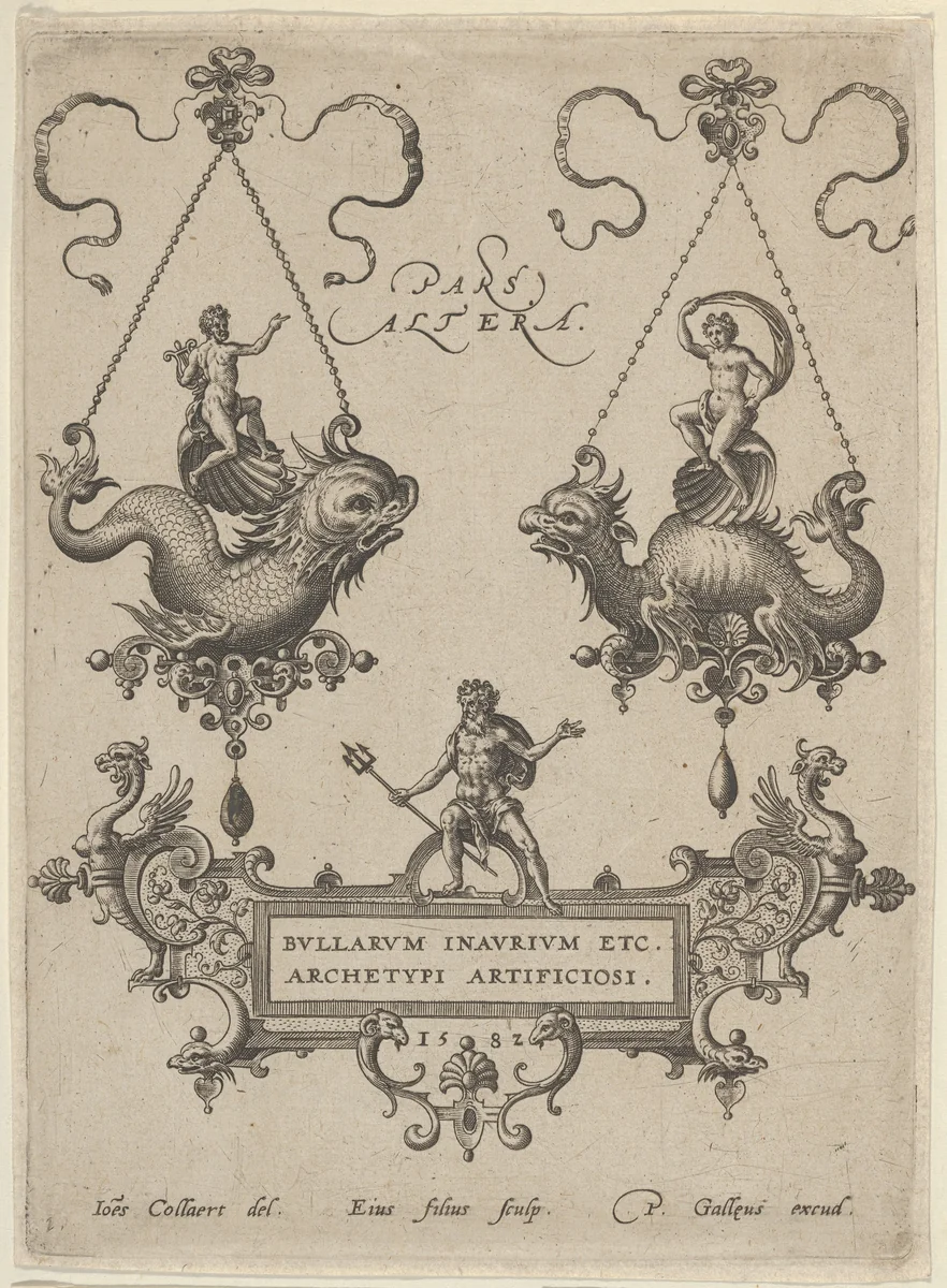 Title Plate with Two Pendant Designs Above and Neptune Standing on a Cartouche Below by Adriaen Collaert, other, 1582