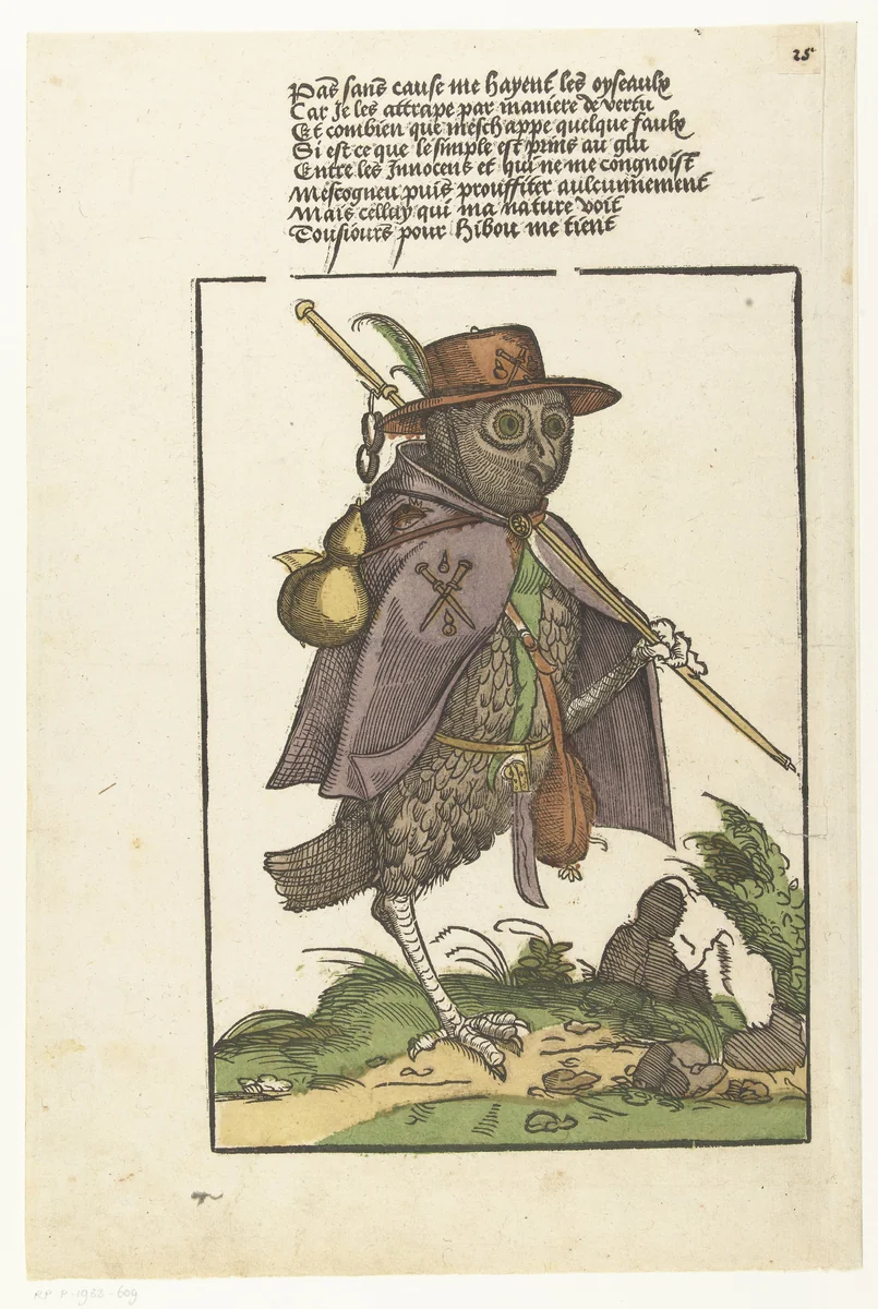 Uil uitgedost als pelgrim by Monogrammist MH, print, 1500-1549
