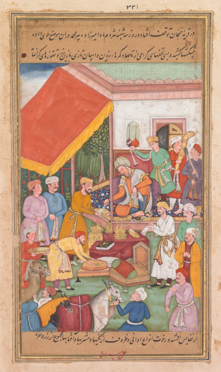 Timur distributes gifts from his grandson, the Prince of Multan, from a Zafar-nama (Book of Victories) by Shravana, painting, 1598-1600