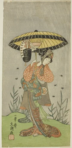 The Actor Yamashita Kinsaku II as Nijo no Kisaki (?) in the Play Natsu Matsuri Naniwa Kagami (?), Performed at the Morita Theater (?) in the Seventh Month, 1770 (?) by Ippitsusai Buncho, print, 1765-1775