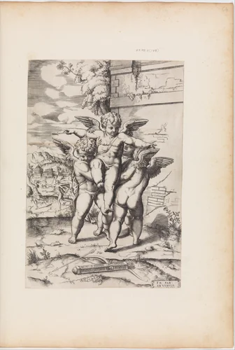 [Four Cupids; Apollo and Daphne in the Background] by anonymous, print, 1500-1630