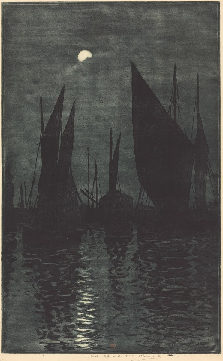 Moonlight in the Harbor at Dieppe by Henri-Charles Guérard, print, 1846-1887