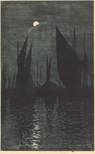 Moonlight in the Harbor at Dieppe by Henri-Charles Guérard, print, 1846-1887