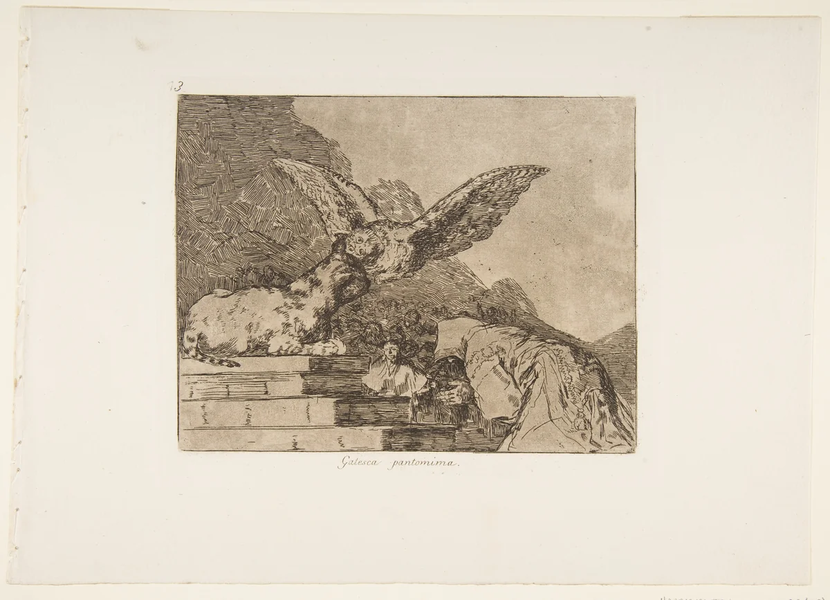 Plate 73 from "The Disasters of War" (Los Desastres de la Guerra): 'Feline pantomime' (Gatesca pantomima) by Goya, print, 1814-1815