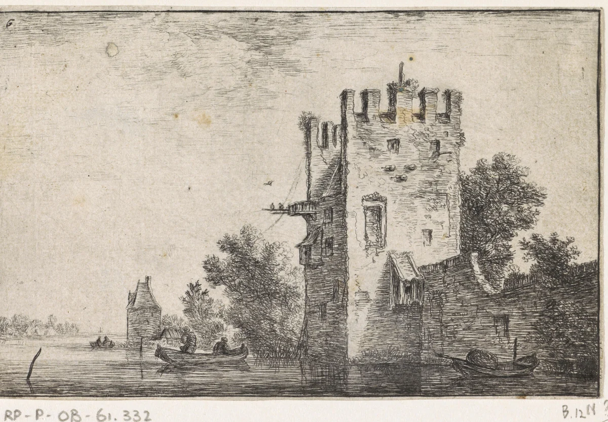 Vierkante toren aan het water by Anthonie Waterloo, print, 1630-1663