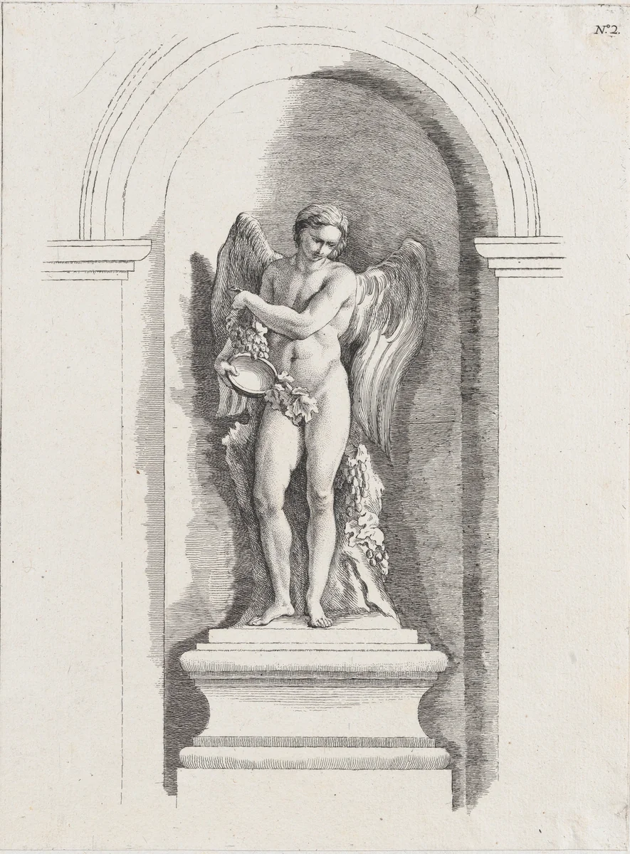 Standing male angel holding an empty bowl and looking down; allegory of Winter; after a bas-relief on the Fontaine des Quatre-Saisons (Paris) by anonymous, print, 1745-1800