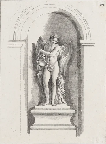 Standing male angel holding an empty bowl and looking down; allegory of Winter; after a bas-relief on the Fontaine des Quatre-Saisons (Paris) by anonymous, print, 1745-1800