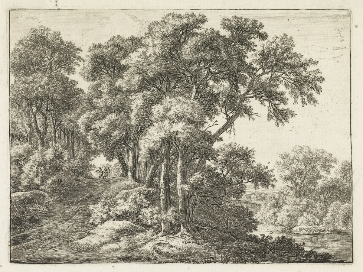 Landweg langs een rivier by Anthonie Waterloo, print, 1630-1663