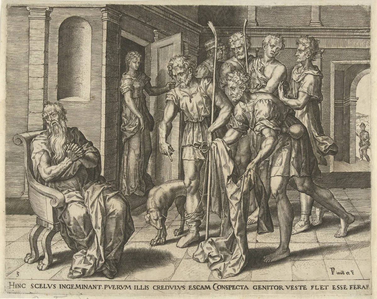Jakob krijgt het bebloede kleed van Jozef te zien by Unknown, print, 1572
