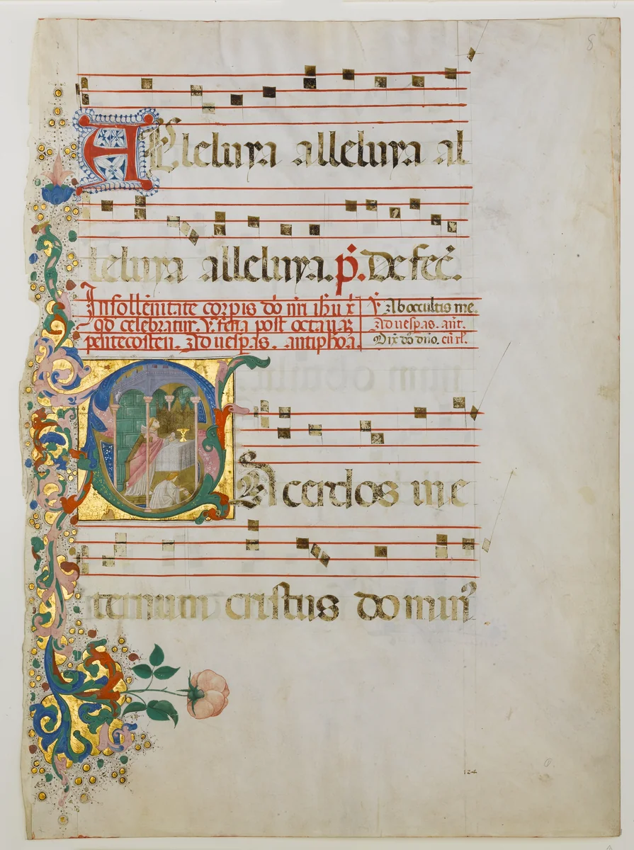 Manuscript Leaf with the Celebration of a Mass in an Initial S, from an Antiphonary by Master of the Riccardiana Lactantius, manuscript, 1450-1499