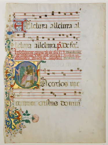 Manuscript Leaf with the Celebration of a Mass in an Initial S, from an Antiphonary by Master of the Riccardiana Lactantius, manuscript, 1450-1499